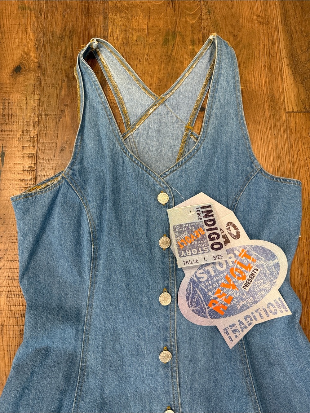 Indigo Light Blue Denim Button-Front Sundress with Cross-Back Straps - Picture 3 of 7